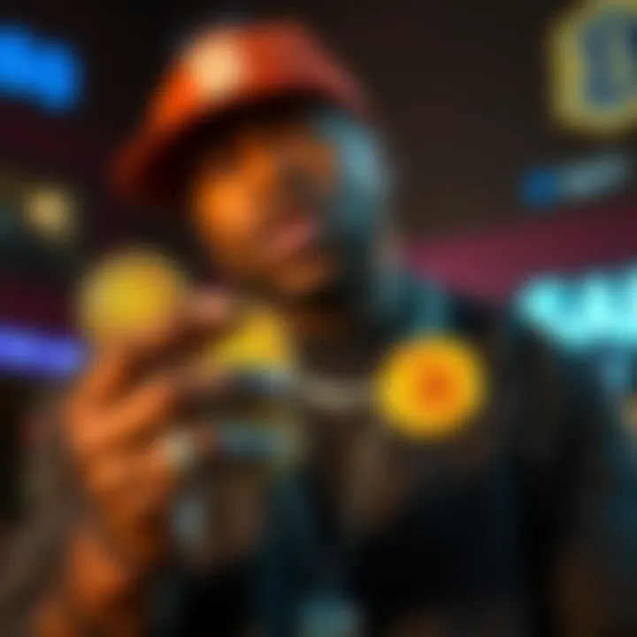 Rapper 50 Cent holding Bitcoin coins with a surprised expression, symbolizing his financial success.