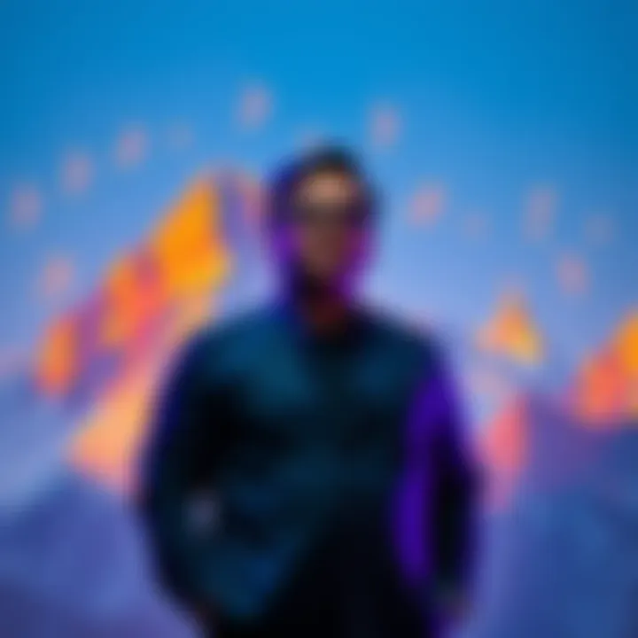 A.R. Rahman with Technology Elements A.R. Rahman stands in front of a digital backdrop featuring mountains and musical notes, symbolizing the blend of technology and music for the Secret Mountain project.