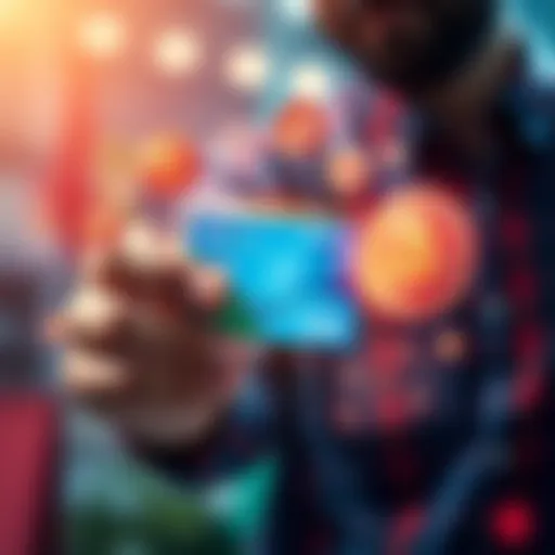 A person holding a DeFi Visa card, surrounded by symbols of USDT and USDC, representing online shopping and rewards