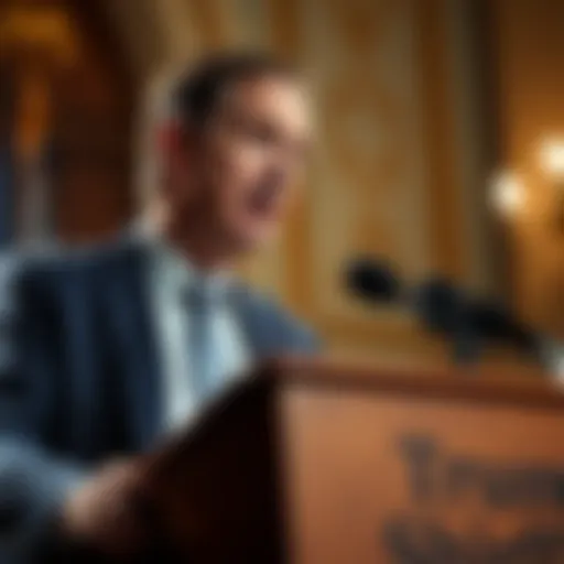Senator Adam Schiff speaking at a podium about new laws regarding digital assets and Trump