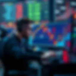A trader analyzing altcoin charts on a computer, with graphs showing upward and downward trends, representing market fluctuations.