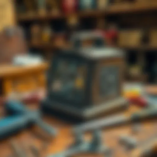 An old, ornate antique item placed on a wooden table with tools nearby for repair.