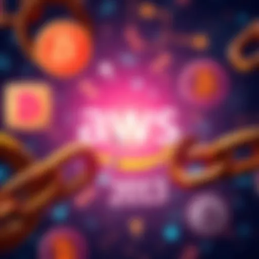 AWS logo with broken chain links An AWS logo showing broken chain links representing vulnerability in centralized systems, with a backdrop of digital currency symbols