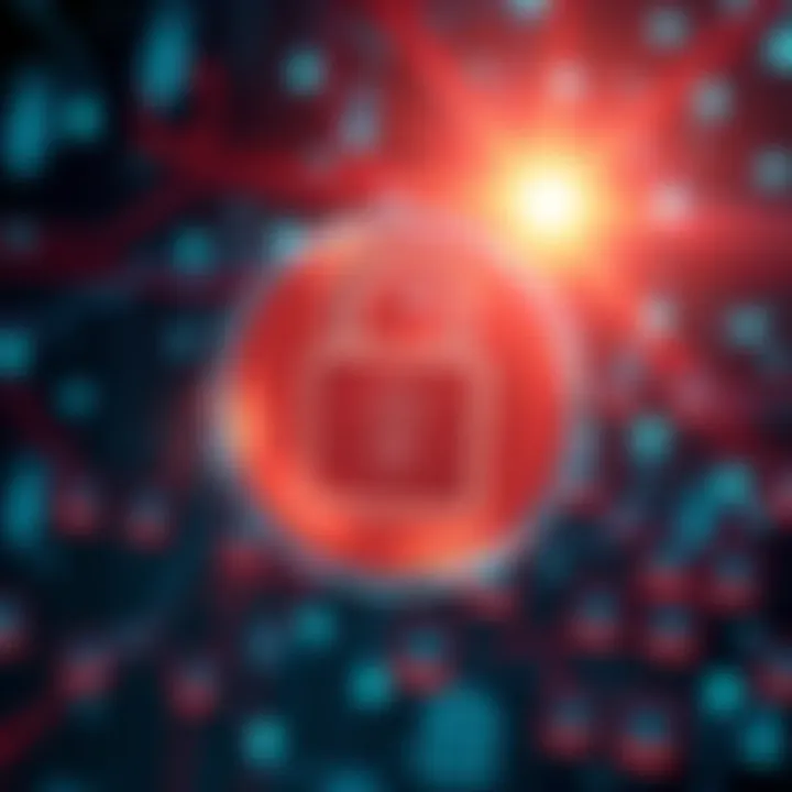 A visual representation of a cyber attack on Bank Sepah, showing a digital lock and crashing data icons, symbolizing the loss of customer information.