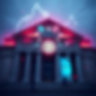 A bank building with digital currency symbols overlay, representing new regulations for banks on crypto assets