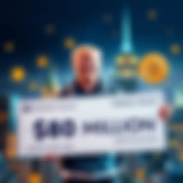 Barron Trump, a young man in casual attire, smiling and holding a large check that represents his $80 million crypto earnings, with a backdrop of cryptocurrency symbols and New York City skyline.