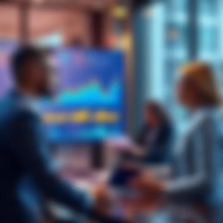 A financial advisor discussing cryptocurrency investment strategies with clients, featuring charts and graphs on a screen