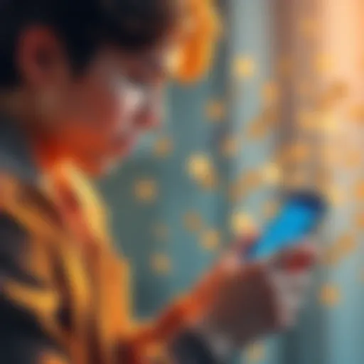 A young person using a smartphone to buy cryptocurrency effortlessly, with small coins in the background