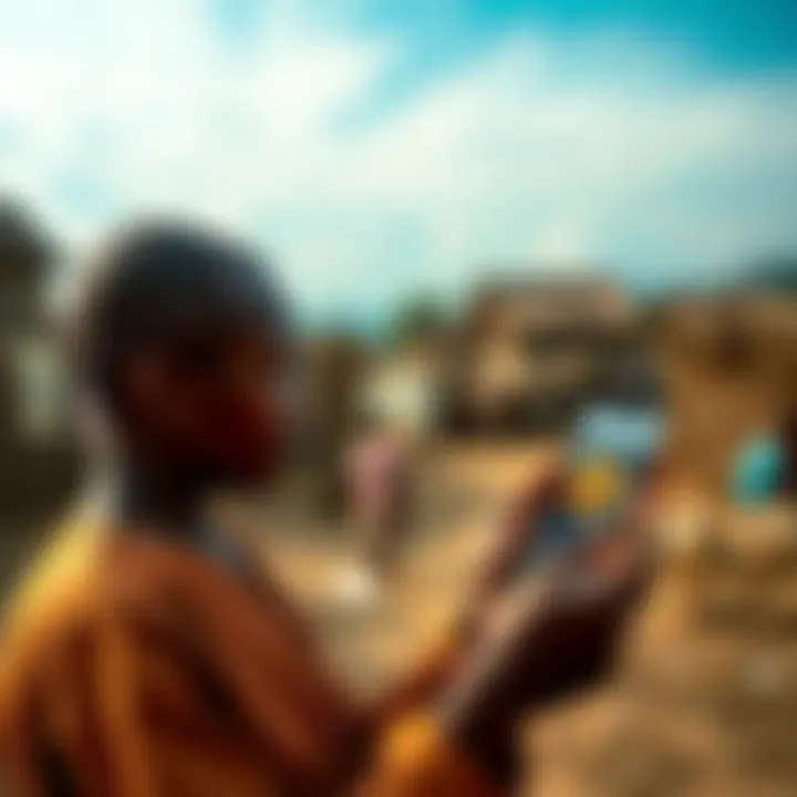 A person in a village with a smartphone looking at Bitcoin information on the screen, surrounded by basic living conditions