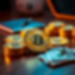 Close-up of shiny Bitcoin coins stacked on a wooden table with a small amount of cash beside them