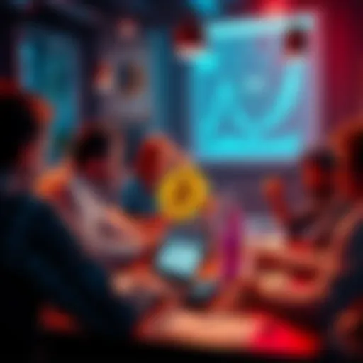 A group of people engaged in a lively discussion about Bitcoin with laptops and charts around them