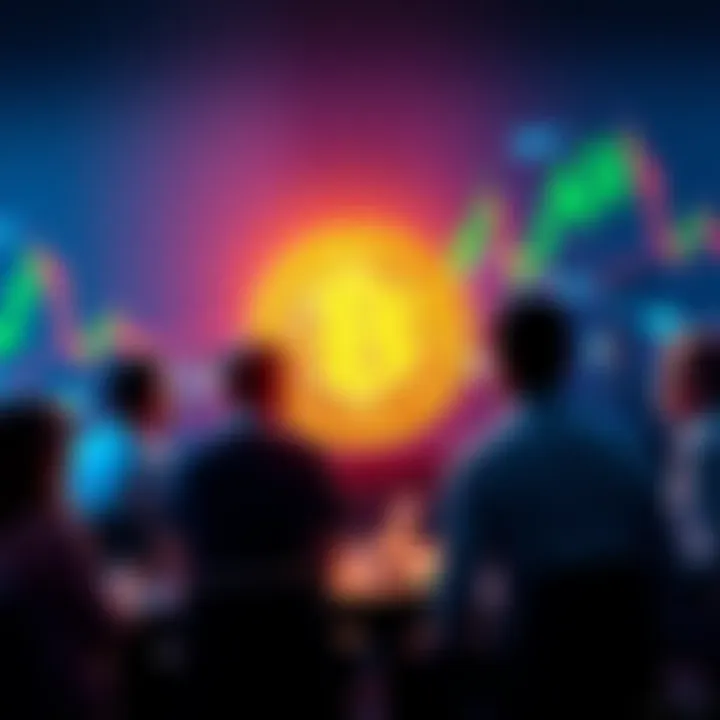 People engaging in a Bitcoin discussion with charts and graphs in the background