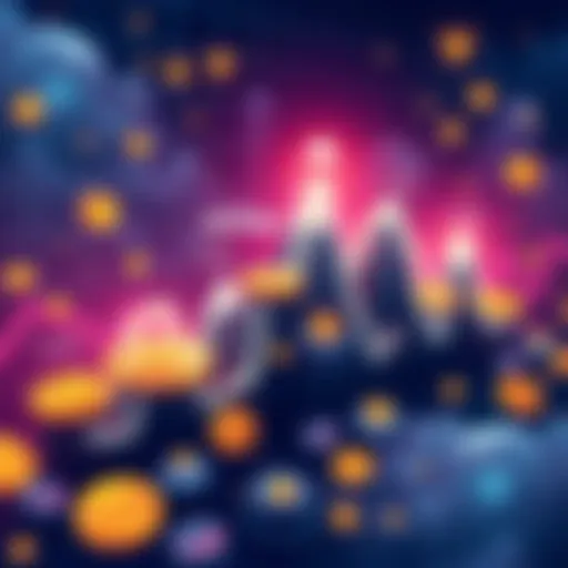 A graph showing rising and falling trends related to Bitcoin, featuring exaggerated peaks labeled with terms like 'UpTober' to represent misleading hype cycles, surrounded by symbols of cryptocurrency like coins and charts.