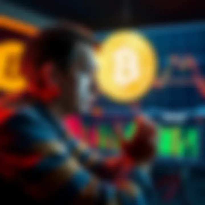 A frustrated person looking at a Bitcoin chart showing rising values but their investment balance decreasing.