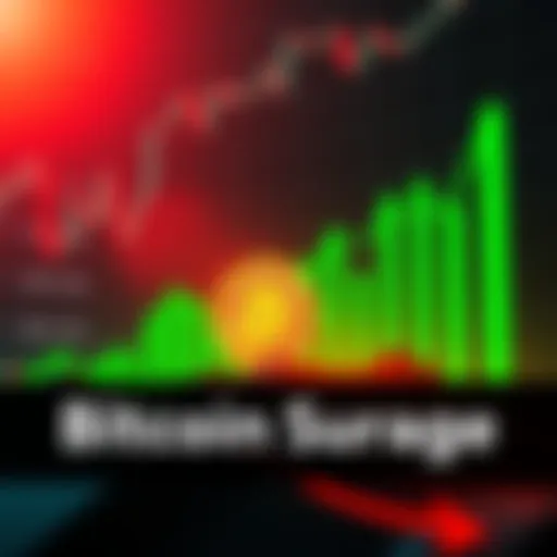 A graphic showing a rising Bitcoin price trend with candles representing market movement, colored green and red, symbolizing growth and fluctuations in the cryptocurrency market.