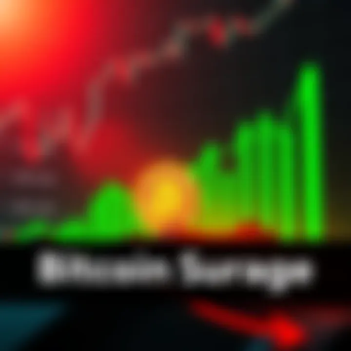 A graphic showing a rising Bitcoin price trend with candles representing market movement, colored green and red, symbolizing growth and fluctuations in the cryptocurrency market.