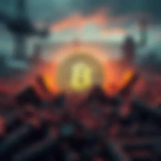 A Bitcoin symbol surrounded by ruins and debris, symbolizing its value amidst a post-nuclear fallout environment.