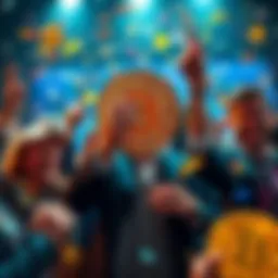 Investors celebrating Bitcoin's new all-time high with confetti and happy expressions.
