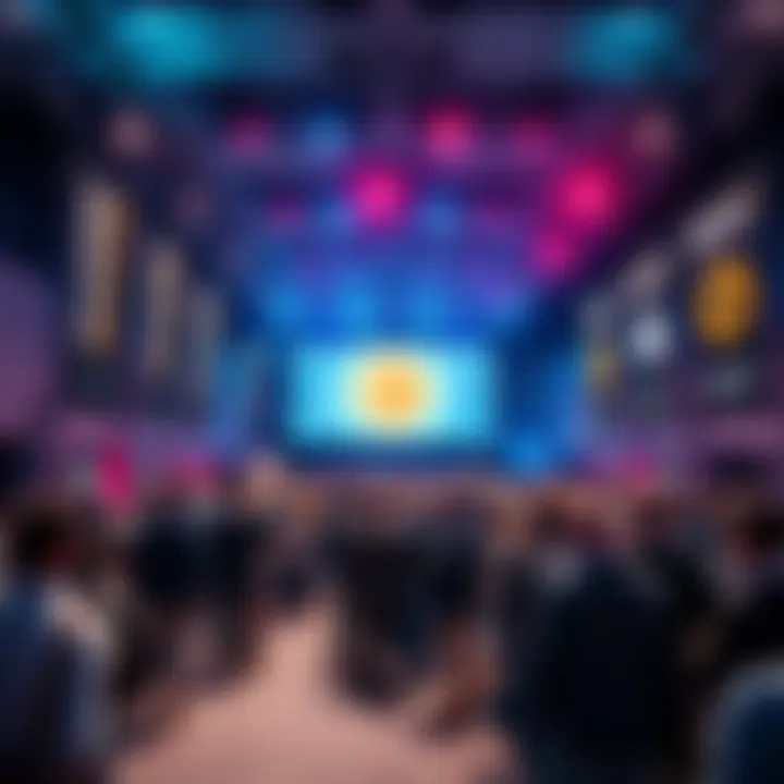 Bitcoin Conference in Toronto A large group of people gathered at a conference hall with banners about Bitcoin and cryptocurrency.