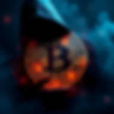 A Bitcoin symbol surrounded by a shadowy figure, representing the unknown creator of Bitcoin.