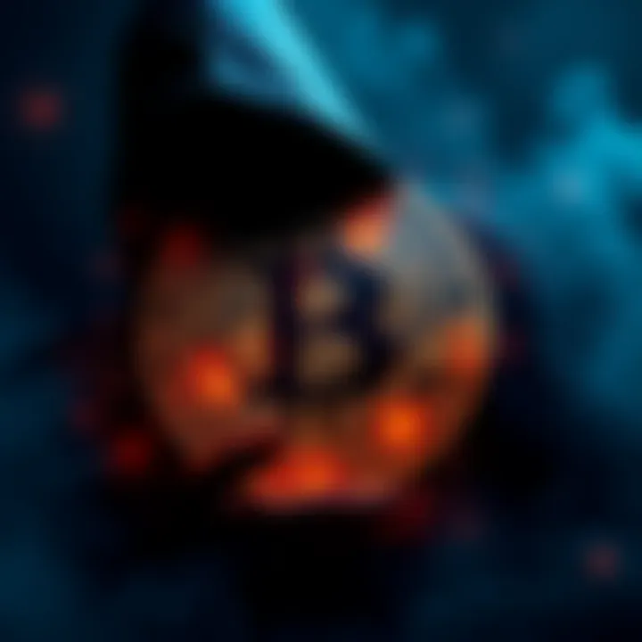 A Bitcoin symbol surrounded by a shadowy figure, representing the unknown creator of Bitcoin.