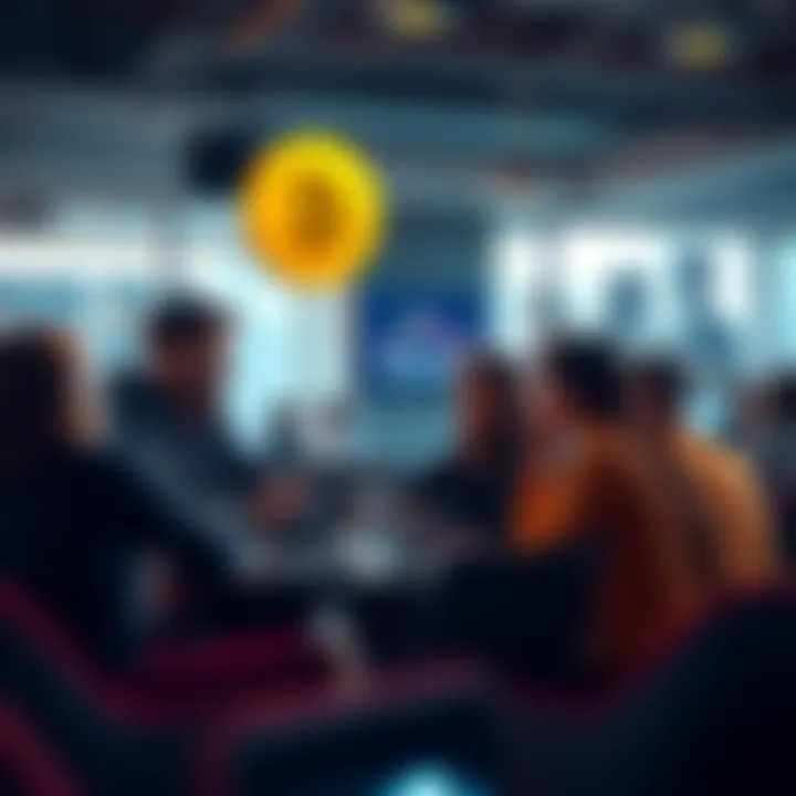 A group of people chatting about Bitcoin in a casual setting, with laptops and smartphones present, symbolizing online discussions.