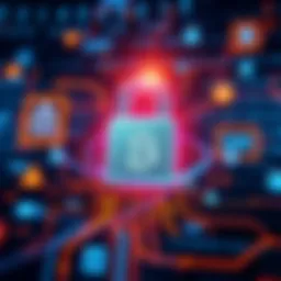 A digital lock symbolizing Bitcoin-style encryption, surrounded by binary code and secure transaction icons.