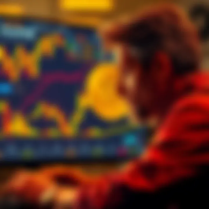 A person contemplating selling Bitcoin for gold while looking at fluctuating price charts on a screen.