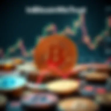 Graphic showing Bitcoin symbol with market trend lines and cryptocurrency coins around it