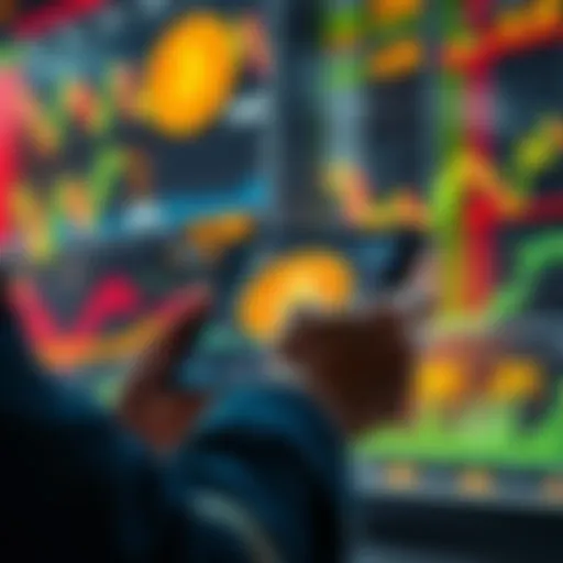 A person examining Bitcoin prices on a tablet while surrounded by stock charts and financial data