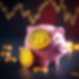 A graphic showing a piggy bank next to Bitcoin symbols, representing regular investment contributions for future savings.