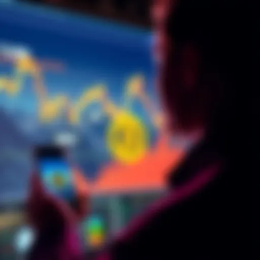 A person looking at a Bitcoin chart showing past peaks and valleys while holding a smartphone and contemplating their investment decision.