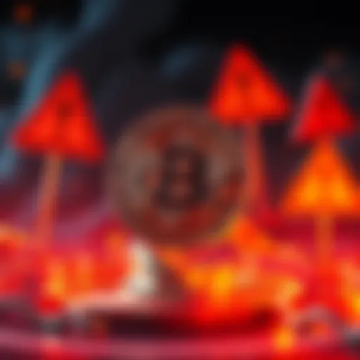 A graphic showing a Bitcoin symbol surrounded by warning signs, highlighting investment risks at high prices