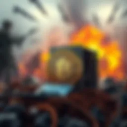 A Bitcoin mining rig surrounded by a backdrop of military conflict and geopolitical tension, illustrating the impact of war on cryptocurrency activities.