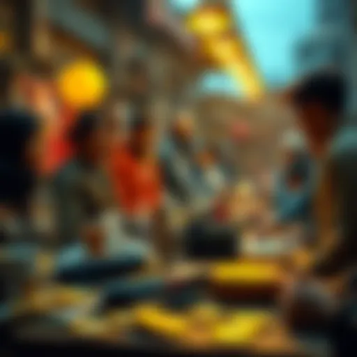 A community gathering discussing the setup of a Bitcoin payment system with local vendors and tools on a table.