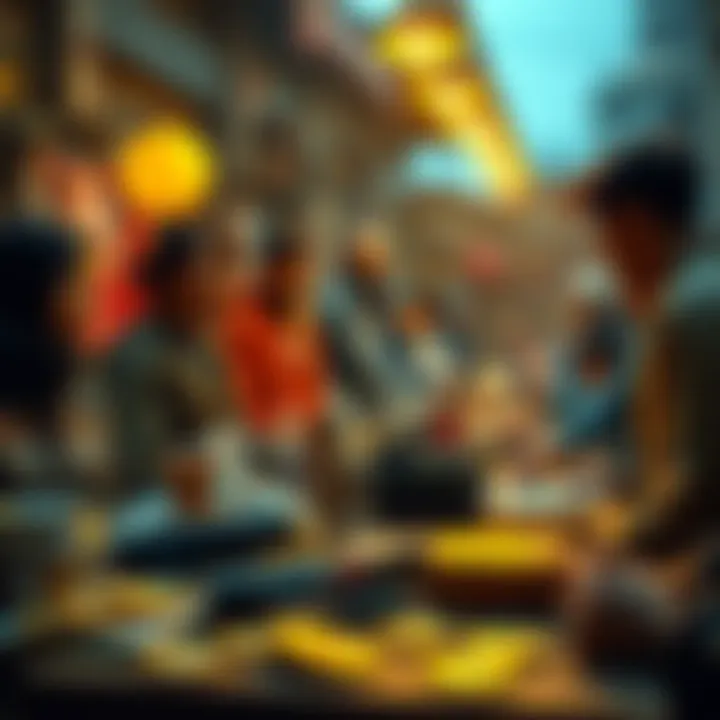 A community gathering discussing the setup of a Bitcoin payment system with local vendors and tools on a table.