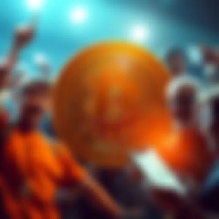 Bitcoin symbol with a chart showing a price drop below 109K, surrounded by excited buyers looking at their devices.