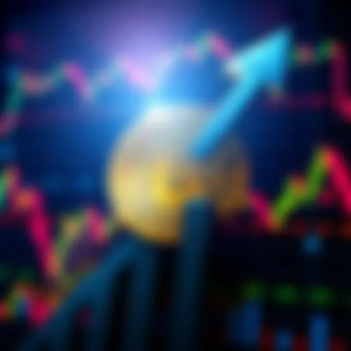 A graphic showing the Bitcoin logo with an upward trend arrow and a background of financial charts representing a price increase.
