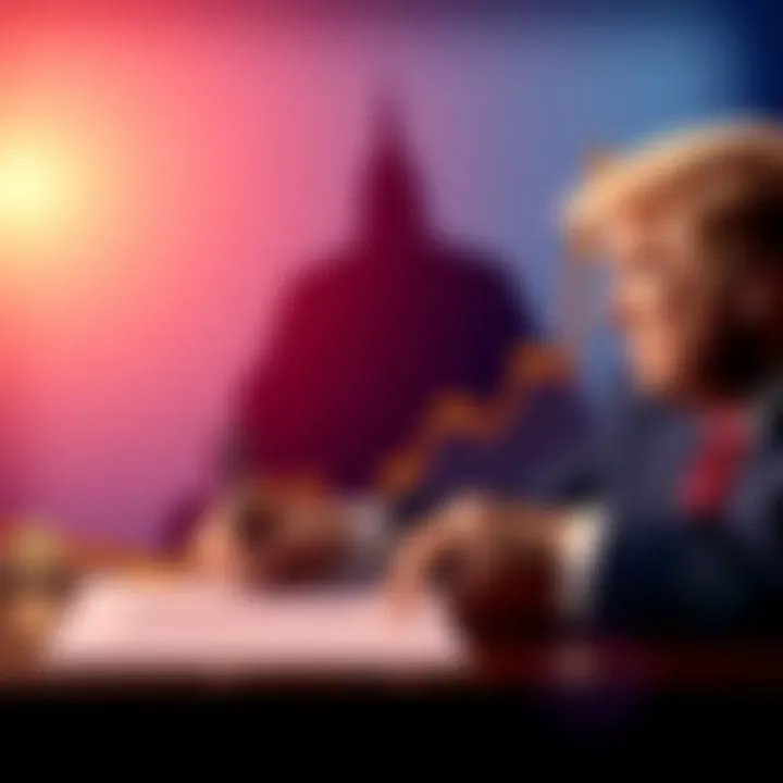 A graphic showing an upward trend in Bitcoin prices with a backdrop of a 401(k) retirement plan document and a silhouette of President Trump signing an executive order