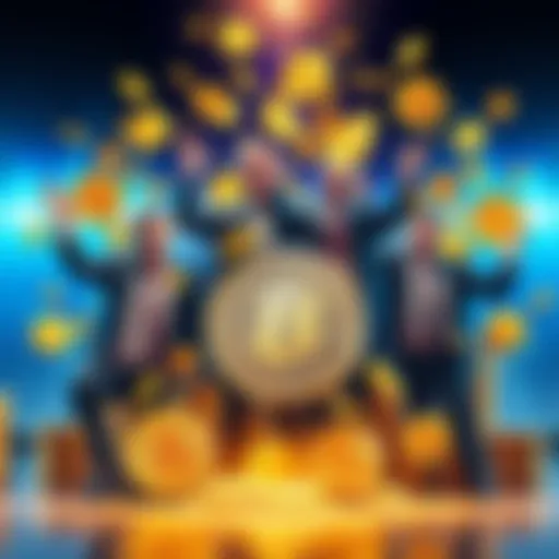 Strategy and Metaplanet executives celebrating a large Bitcoin transaction with digital coins around them
