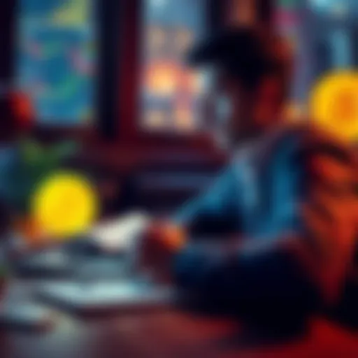 A person contemplating buying Bitcoin, with a laptop showing cryptocurrency charts and a notepad with investment plans.