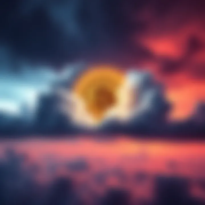 Bitcoin Resilience Bitcoin symbol shining brightly against a backdrop of dark clouds representing outages, symbolizing strength in finance.