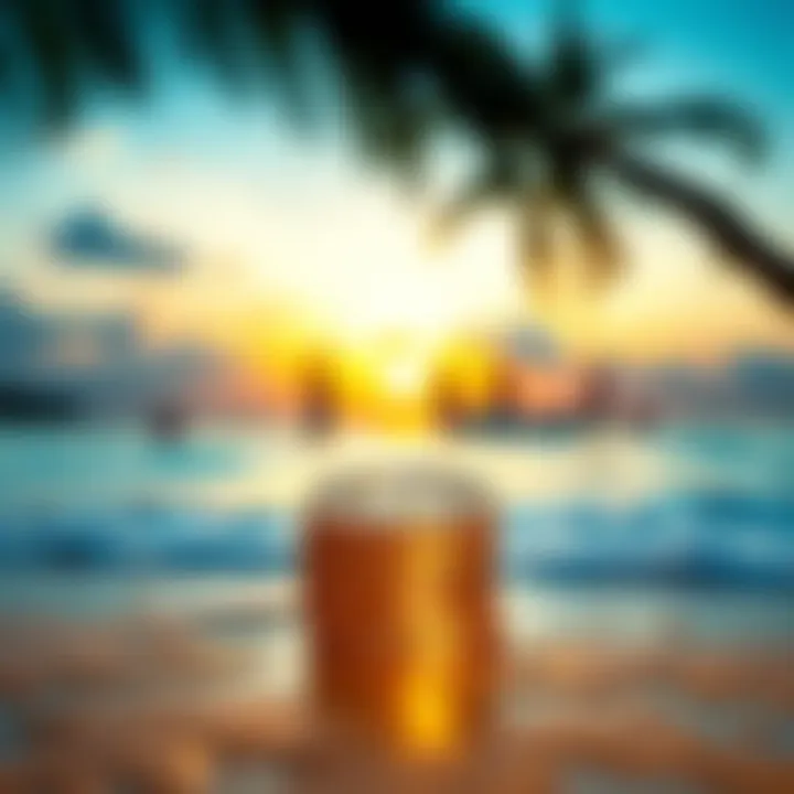 A stack of Bitcoin coins in front of a beach scene representing retirement dreams.