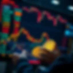 A person examining a chart showing Bitcoin trends, with a stock exchange background, debating on storing Bitcoin either on the exchange or in a personal wallet.