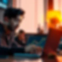 A beginner with a surprised expression looks at a Bitcoin chart on a laptop, while a friend shares news of making a profit from their investment.
