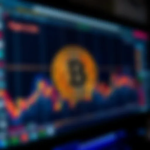 A computer screen displaying the Bitcoin symbol with graphics of fluctuating values, representing digital currency.