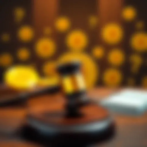 A gavel on a judge's bench with Bitcoin symbols in the background, representing a court case about Bitcoin profits and taxes.