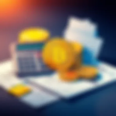 Illustration of a calculator, Bitcoin coins, and tax forms showing the process of managing Bitcoin taxes