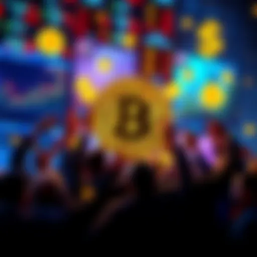 A visual of traders celebrating a Bitcoin price increase, with charts showing rising trends and dollar signs in the background.