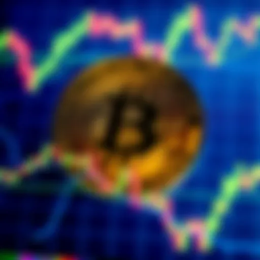 A graphic showing the Bitcoin symbol with rising and falling chart lines, representing its value and trends.